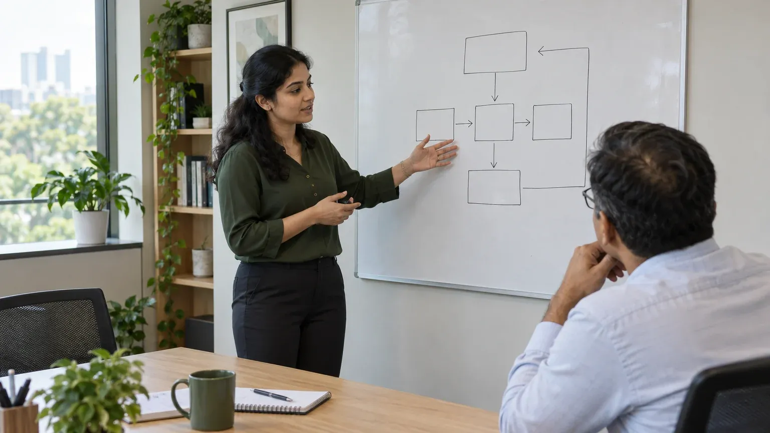 Illustrative scene: a professional explaining a delivered project at a whiteboard.